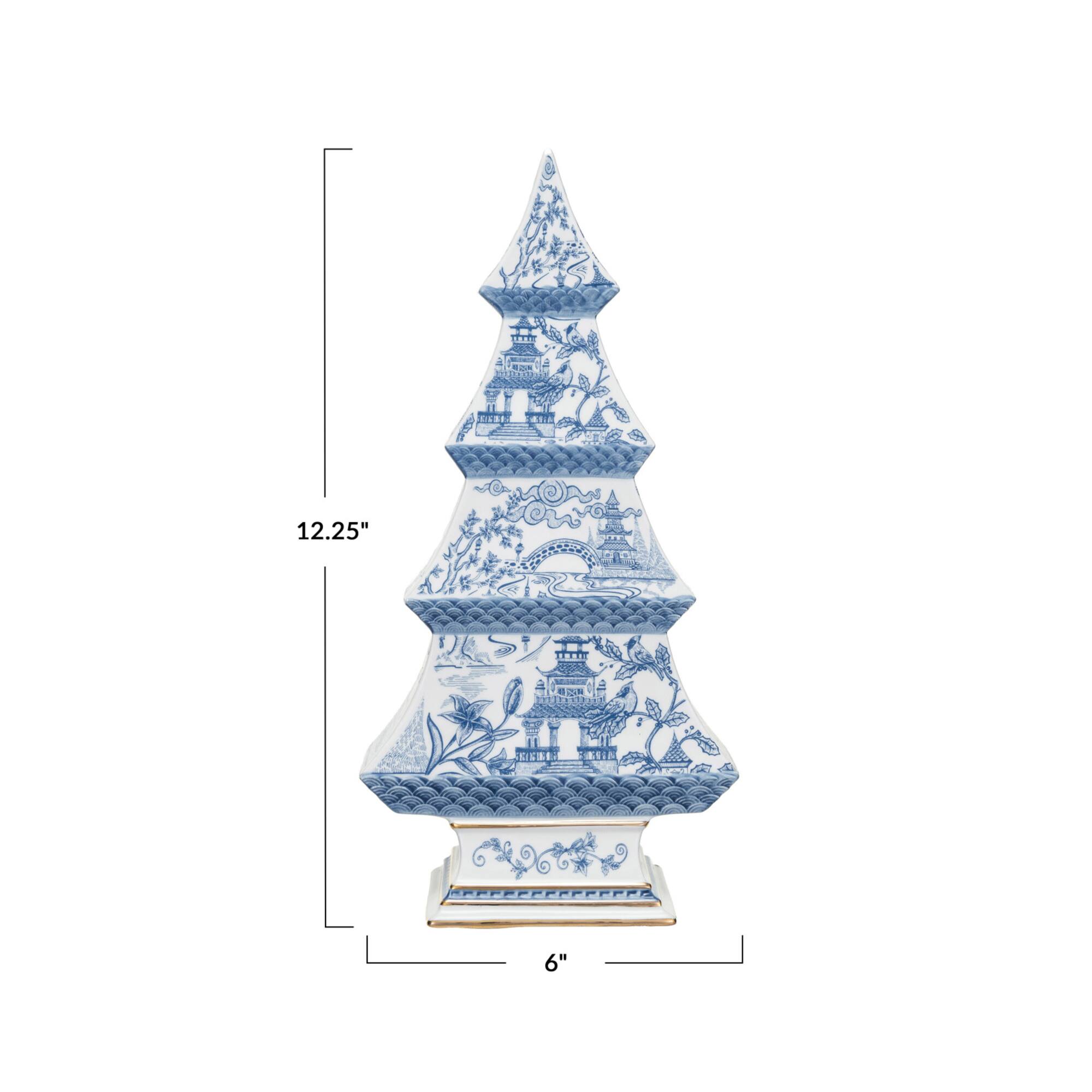 Hello Honey® 12.25" Blue & White Pagoda Pattern Ceramic Tree with Gold Electroplating